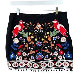 Umgee Embroidered Pom Pom Mini Skirt Boho Chic Large Black GUC